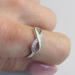 White opal Infinity silver ring - Lab created - CZ - cubic zirconia - Womens opal ring - Promise ring - 925 sterling silver