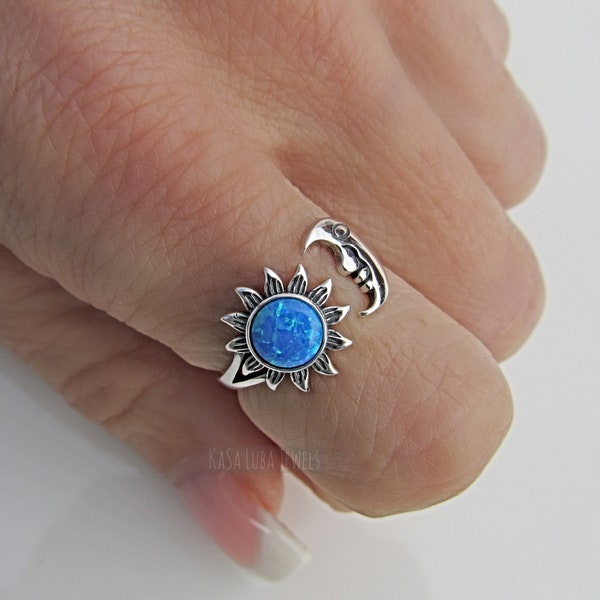 Sun Moon Lab Opal Sterling Silver ring, Adjustable - 925 silver ring, Hope ring - Womens faith ring - statement ring