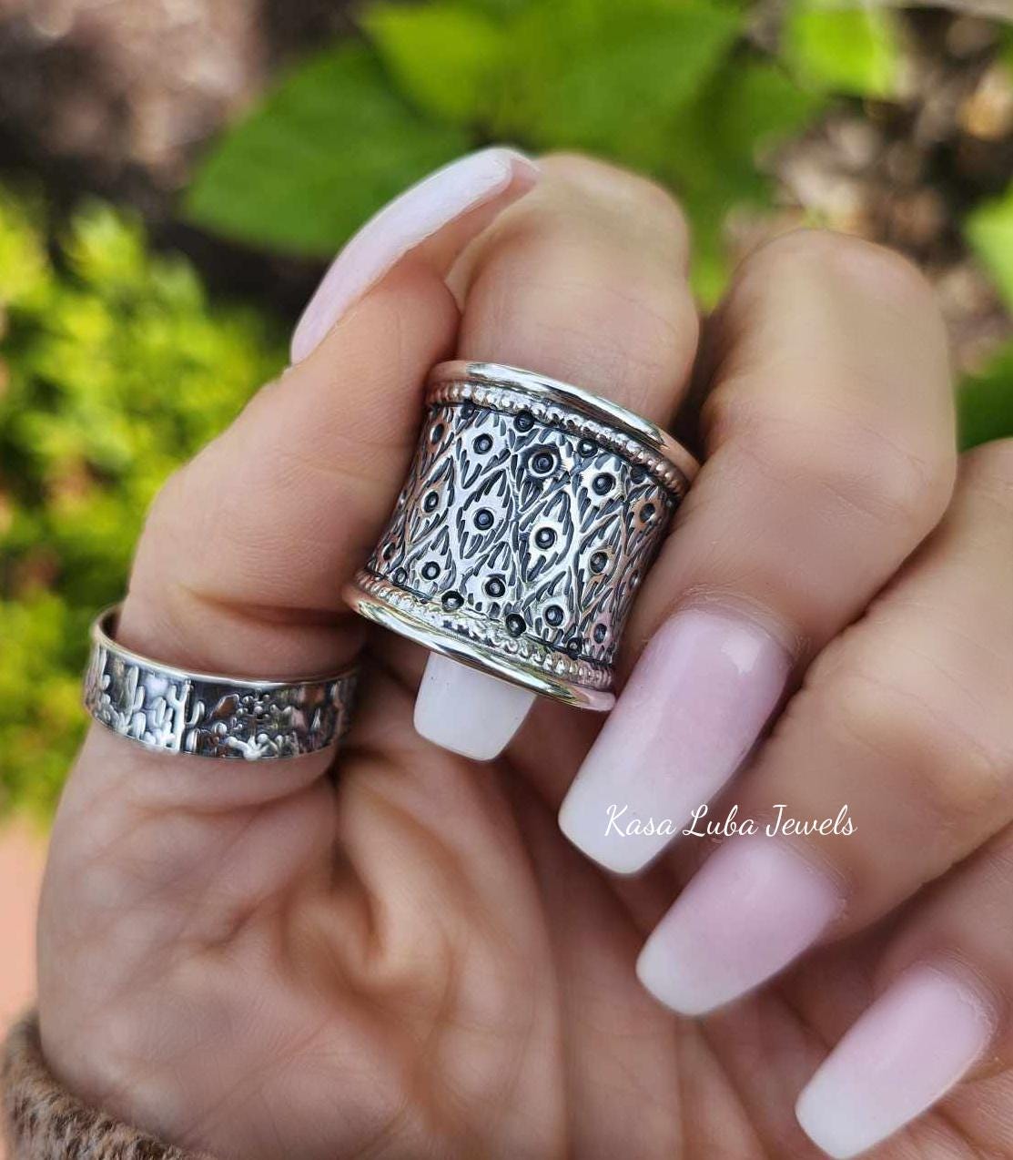 Sterling Silver Bali Carved Om Ring - Sizes 5-10, Rhodium Plated, Includes Black Leather Gift Box