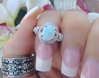 Oval White Lab Opal Ring: Sterling Silver CZ Halo, Elegant Statement