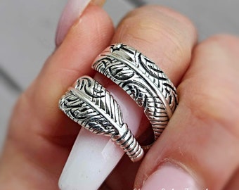 Oxidized Sterling Silver Feather Ring: Adjustable Wrap Leaf Jewelry