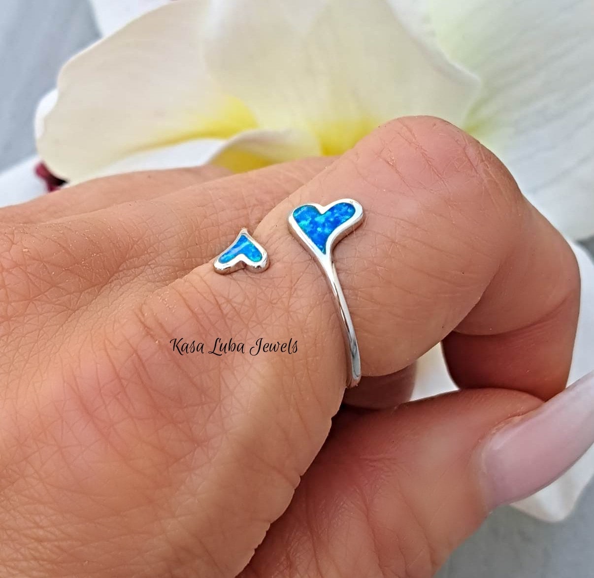 Sterling Silver Blue Simulated Opal Heart Promise Ring - Choose Your Color