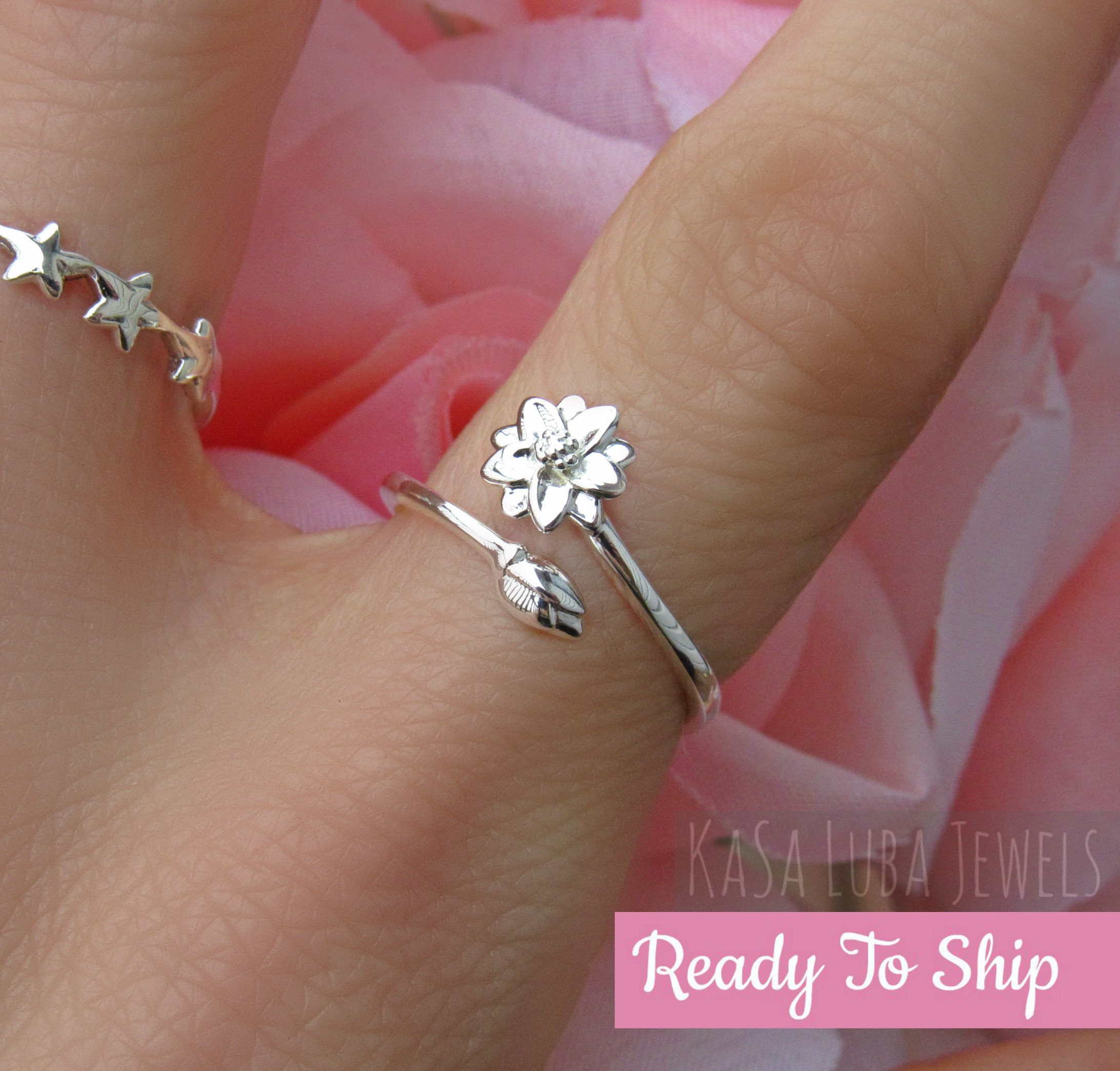 Sterling Silver Lotus Ring - Flower Ring - Adjustable Ring