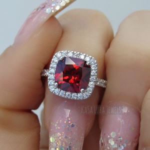 Red CZ Garnet Sterling Silver Ring: Cushion Cut Statement Ring
