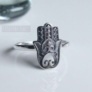Sterling silver Hamsa Ring - hand - womens Silver Hamsa Ring - Spiritual Ring - Evil Eye Potection Ring - Hamsa Charm Ring