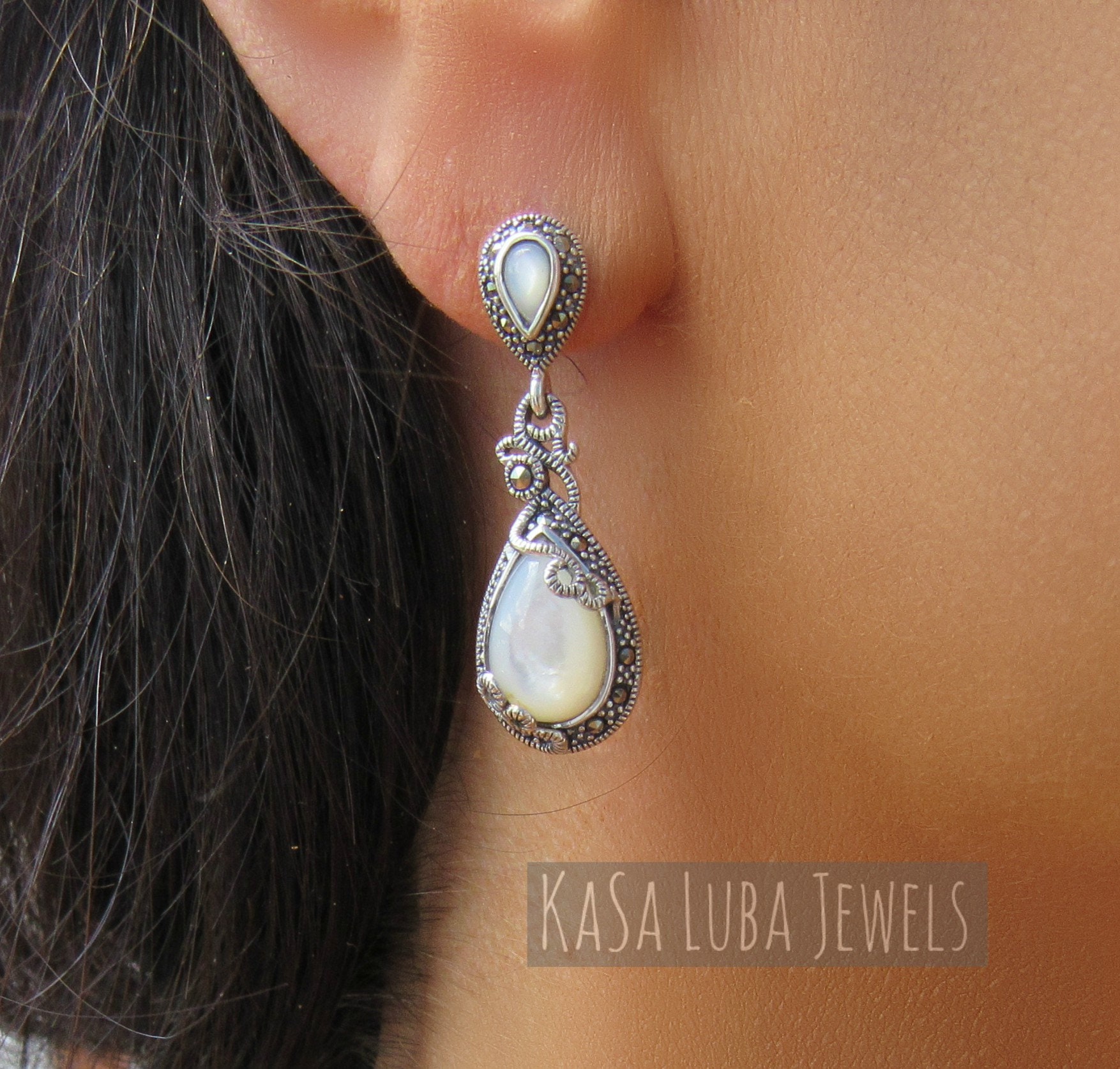 Boucles D’oreilles Art Déco Goutte – Onyx, Nacre, Marcassite, Argent 925, Gemondo