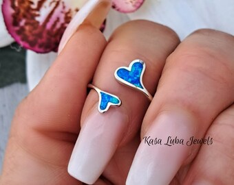 Sterling Silver Blue Lab Opal Heart Ring - Adjustable Promise Ring