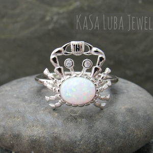 White Lab Opal crab ring, Crab ring, beach jewelry, silver ring