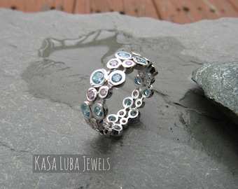 Aquamarine and Pink ring, cz eternity band, anniversary ring