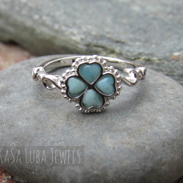 Womens Silver Larimar Clover ring - Shamrock ring - Irish Jewelry - 925 silver