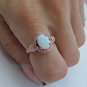 Rose Gold plated White opal silver ring - Womens opal ring - Lab created opal ring - celtic ring - 925 sterling silver - halo