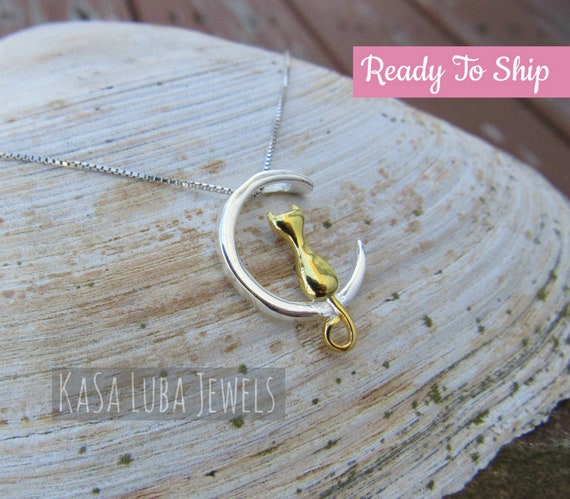 Silver Cat and Moon Necklace Cat 
