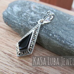 Black Onyx Marcasite Pendant, black onyx pendant, Marcasite pendant - sterling silver