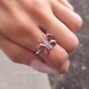 Garnet CZ butterfly silver ring, clear - Red - butterfly ring, silver ring, promise ring - 925 sterling silver