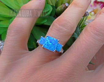 Blue Lab Opal ring, square, statement ring, Lab opal rings, Opal jewelry