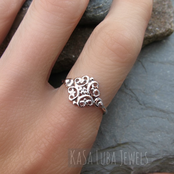 Sterling Silver Celtic Flower Ring: Handmade Scroll Swirl Design
