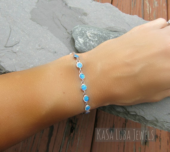 Blue Opal Sterling Silver Bracelet Lab Opal Bracelet Blue Opal
