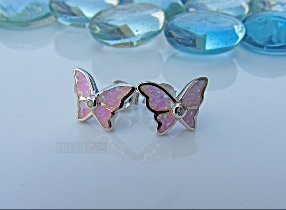 Pink Lab Opal Butterfly Earrings CZ Opal Butterfly Pink Opal