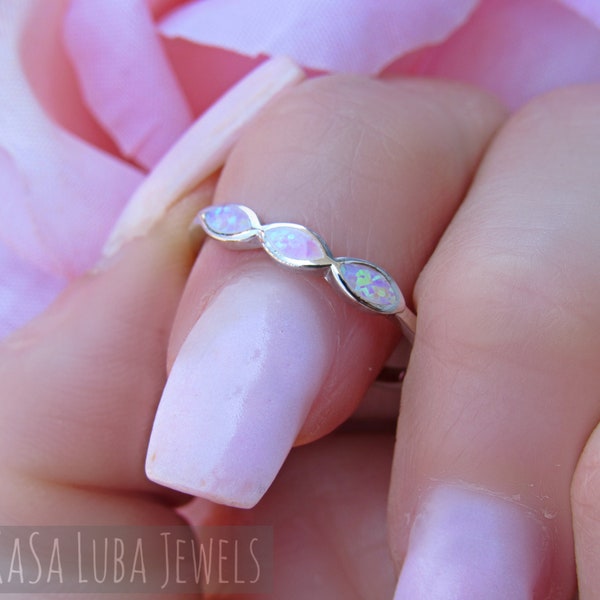Pink Lab Opal Sterling Silver Ring - Marquise Inlay