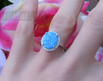 Lab Opal Sterling Silver Ring: Oval CZ Halo, Tarnish Free
