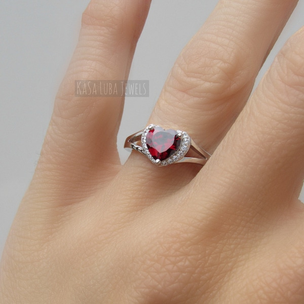 Red Heart cz silver ring - womens promise ring - heart ring - Love ring - silver ring