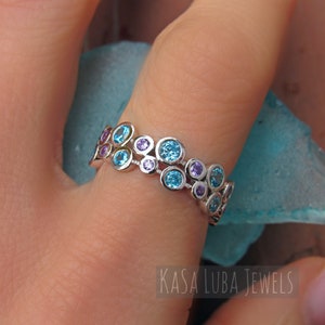 Silver Amethyst Aquamarine ring, Eternity band, Anniversary ring, blue - purple ring, sterling silver - solid - 925