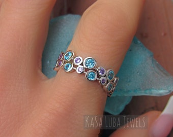 Silver Amethyst Aquamarine ring, Eternity band, Anniversary ring, blue - purple ring, sterling silver - solid - 925