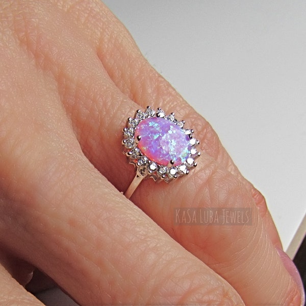 Lab Opal CZ silver ring, Pink opal ring, Halo Opal ring, silver ring