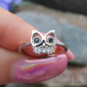 Owl silver ring, CZ owl ring, womens silver ring, 925 silver ring