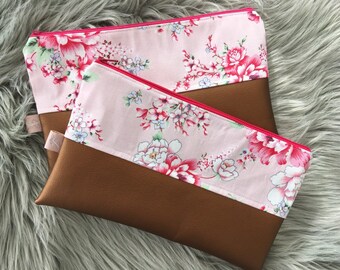 Kosmetiktasche blumen rosa/braun