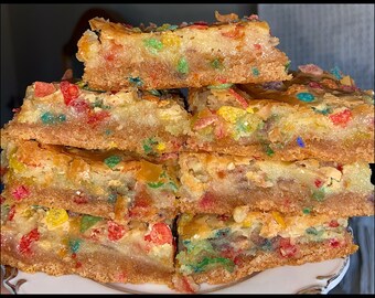 Fruity Pebble Ooey Gooey Butter Cake Bars, Brownies, Blondies, Chess Squares, Party Favors, Gifts, Sweets, Desserts, Personalized Gift