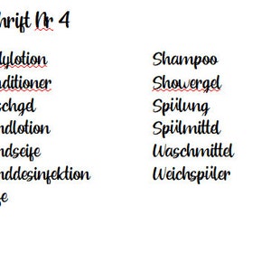 May include: A list of household cleaning and personal care products written in German. The list includes items like body lotion, conditioner, shampoo, shower gel, dish soap, and laundry detergent.