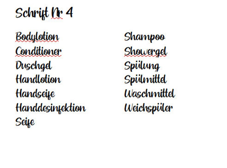 May include: A list of household cleaning and personal care products written in German. The list includes items like body lotion, conditioner, shampoo, shower gel, dish soap, and laundry detergent.