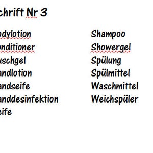 May include: A list of common household products written in German, including body lotion, conditioner, shampoo, shower gel, and more.