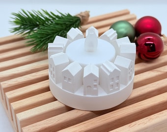 Tealight holder from Raysin House Town – Handmade Christmas decoration with small light houses · Winter decoration idea · White tealight holder
