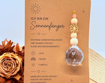 Suncatcher with crystal & rose quartz on card – window decoration with rainbow light, gift idea, suncatcher
