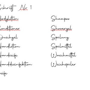 May include: A handwritten list of various personal care and cleaning products in German. The list includes Bodylotion, Conditioner, Duschgel, Handlotion, Handseife, Handdesinfektion, Seife, Shampoo, Showergel, Sp&uuml;lung, Sp&uuml;lmittet, Waschmittet, and Weichsp&uuml;ler.