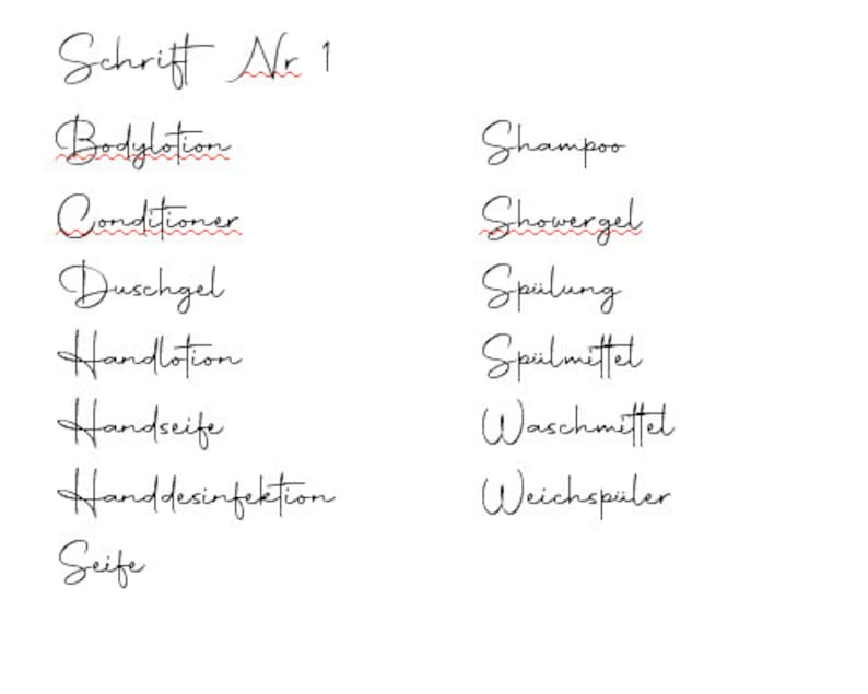 May include: A handwritten list of various personal care and cleaning products in German. The list includes Bodylotion, Conditioner, Duschgel, Handlotion, Handseife, Handdesinfektion, Seife, Shampoo, Showergel, Sp&uuml;lung, Sp&uuml;lmittet, Waschmittet, and Weichsp&uuml;ler.