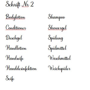 May include: A list of common household products written in German, including shampoo, conditioner, body lotion, hand lotion, hand soap, hand sanitizer, dish soap, dishwashing detergent, and laundry detergent.