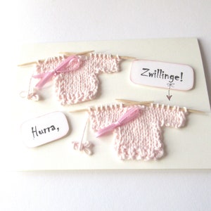 Glückwunschkarte - Geburt - Zwillinge - Klappkarte B 6 - Handgestricktes - Hurra, Zwillnge!