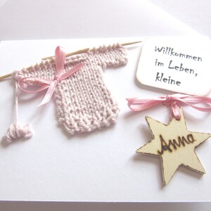 Glückwunschkarte zur Geburt - Anna - personalisiert - Holzstern - Applikation gestrickter Pulli - 3 D Karte