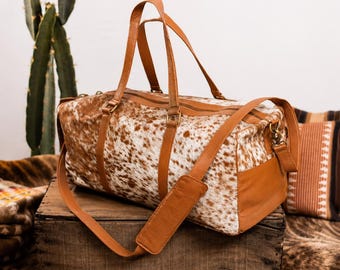 Leather Duffel Bag, Cowhide Weekender Bag, Large Travel Bag, Overnight Bag, Brown White Carry On Luggage