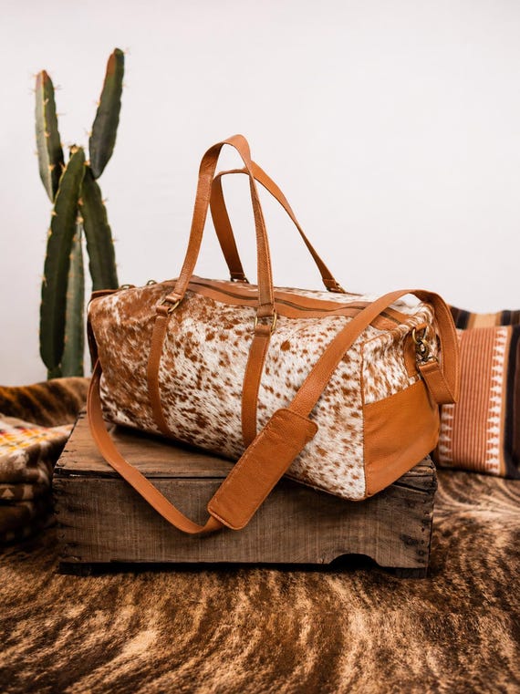 Leather Duffel Bag, Cowhide Weekender Bag, Large Travel Bag, Overnight Bag, Brown White Carry On Luggage