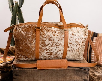 Leather Duffel Bag, Cowhide Weekender Bag, Large Travel Bag, Overnight Bag, Brown White Carry On Luggage