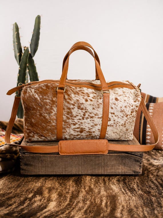 Leather Duffel Bag, Cowhide Weekender Bag, Large Travel Bag, Overnight Bag, Brown White Carry On Luggage