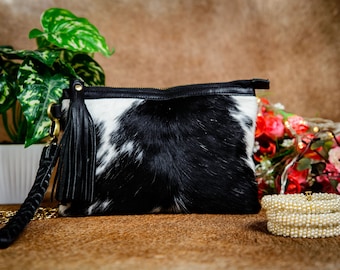 Sac à main en cuir de vachette somptueux bracelet en cuir de vachette noir et blanc