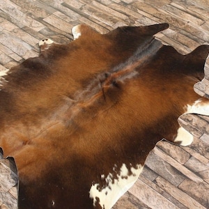 May include: Brown and white cowhide rug with a natural, shaggy texture. The rug has a dark brown center with white patches throughout.