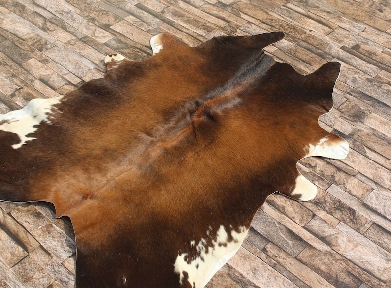 May include: Brown and white cowhide rug with a natural, shaggy texture. The rug has a dark brown center with white patches throughout.