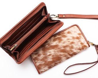 Cowhide Rug Wallet Real Cow Hide Leather Wallet For Womens Brown & White Purse