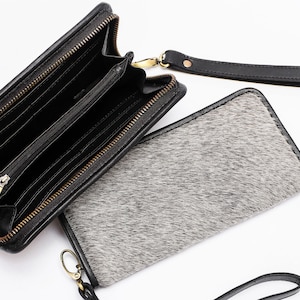 Cartera de piel de vaca auténtica para mujer, cartera de piel de vaca auténtica, color gris, calidad prémium
